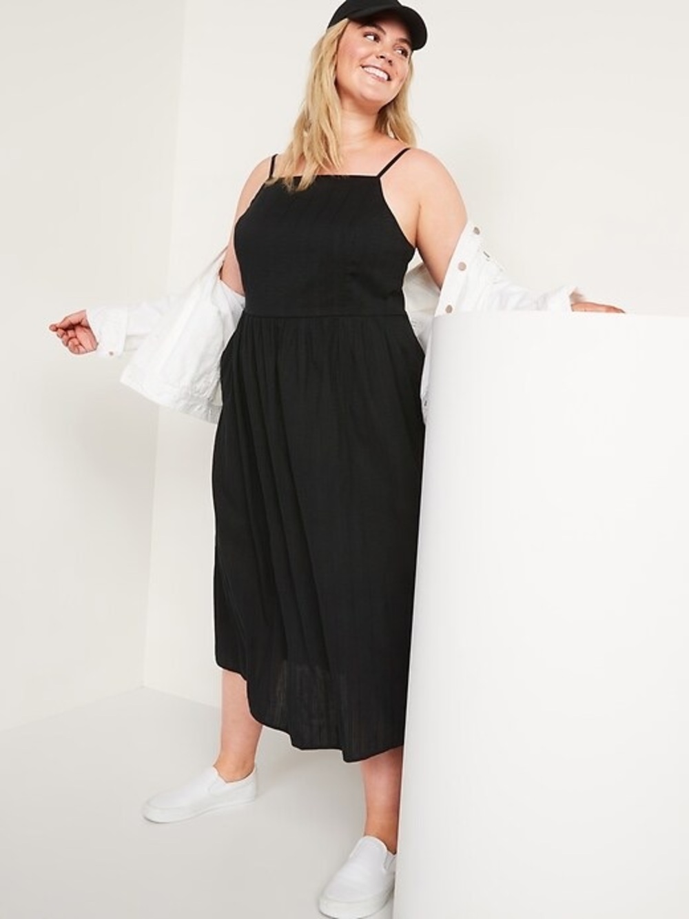 Old Navy Black Square-Neck Midi Dress with Spaghetti Straps